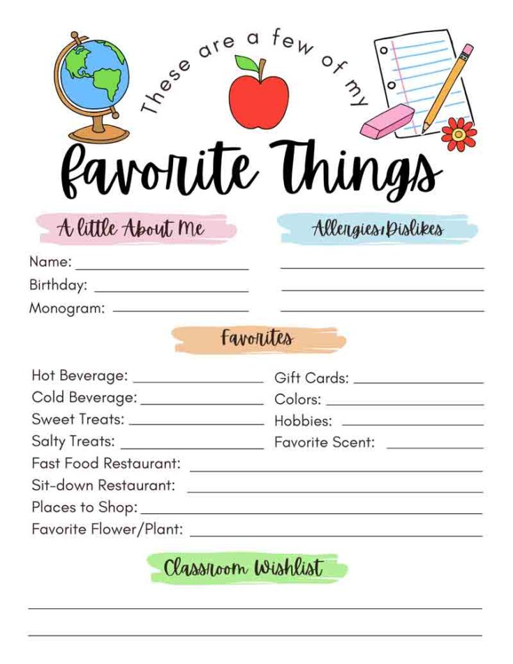 Teacher Favorite Things Form Free Printable Web Grab This Free Teacher